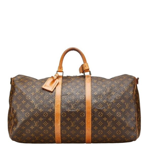 LOUIS VUITTON Brown Monogram Leather Keepall Bandouliere 55 Boston Bag - Picture 1 of 13